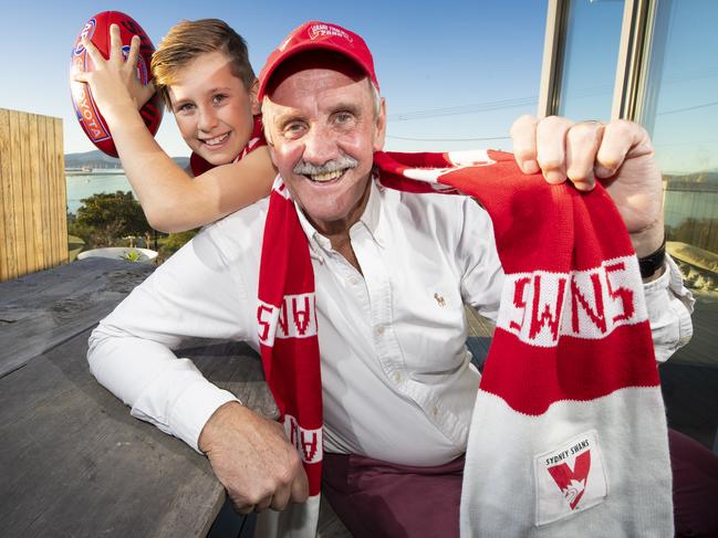 Former Swans player and former Legislative council member Jim Wilkinson with his grandson Ted Banks-Smith, 11. Picture: RICHARD JUPE