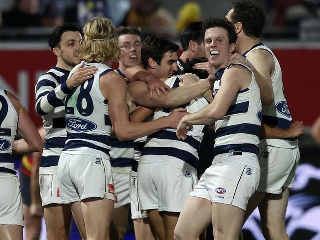 GEELONG, AUSTRALIA - AUGUST 03: Lawson Humphries of the Cats celebrates a goal with teammates during the round 21 AFL match between Geelong Cats and Adelaide Crows at GMHBA Stadium, on August 03, 2024, in Geelong, Australia. (Photo by Martin Keep/AFL Photos/via Getty Images)