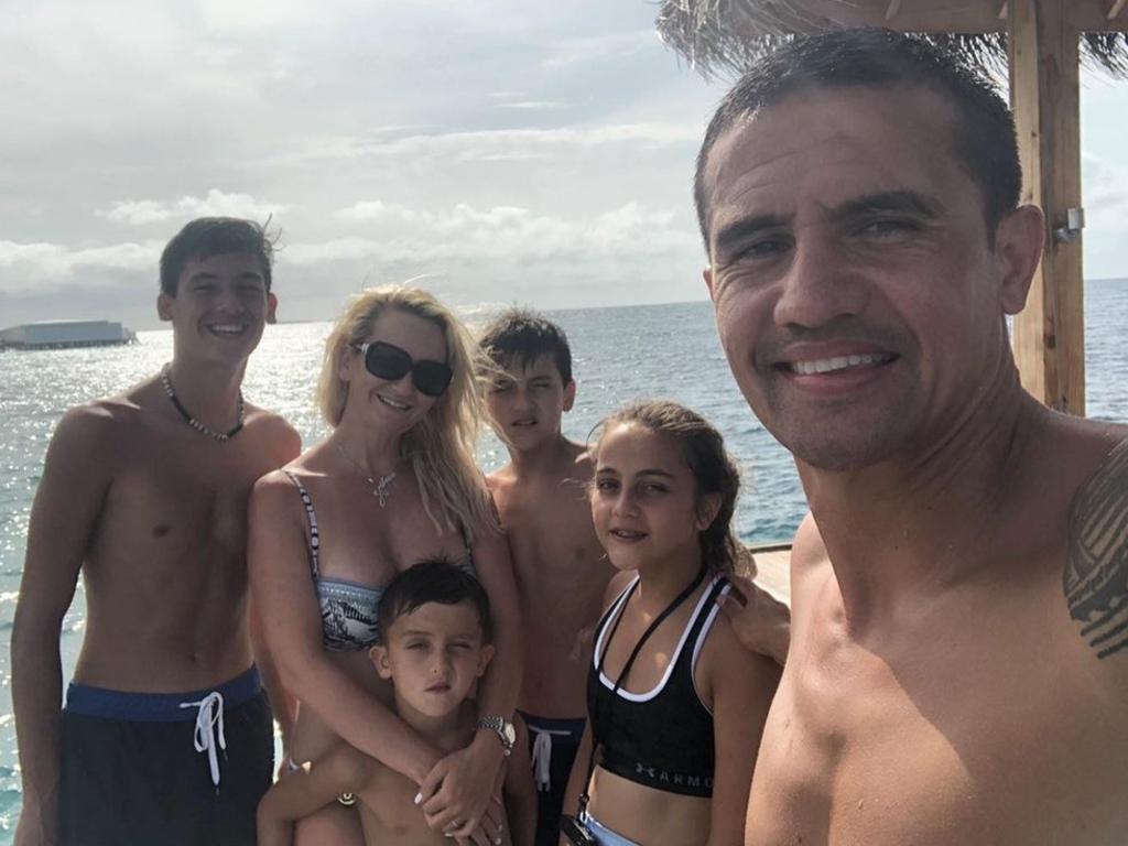 Tim Cahill with his wife Rebekah and children. Picture: Bec Cahill/Instagram