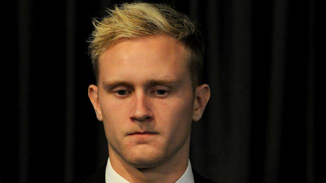 Collingwood’s Jaidyn Stephenson faces the media after being suspended for betting on AFL matches. Picture: Andrew Henshaw