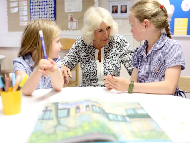 Queen Camilla chats with pupils at a London school. Picture: Getty Images