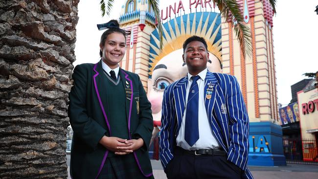 Ella Rigney and Joe Franciscus in Sydney yesterday. ‘I’m going to miss so much about school,’ says Joe. Picture: John Feder