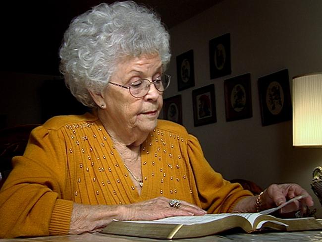 Betty Neumar reading from the Bible said the deaths of her husbands were “God’s work”.