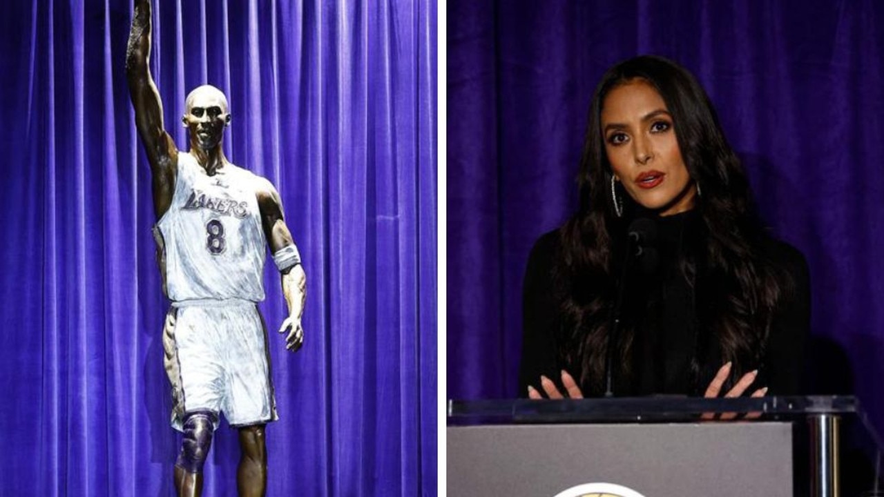 The new Kobe Bryant statue and his wife Vanessa. Photos: Getty Images