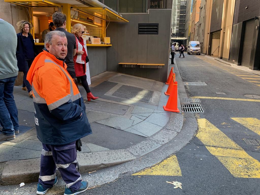 Steven Georgiadas shows the spot where he stood on Mert Ney’s ‘massive’ butcher’s knife.