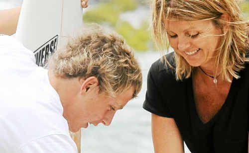 Amanda Giovannoni from Pacifique Boardriders Association chats to Jake Hobbin and Eoin Whately at the sign-on day at Nielson Park Beach. . Picture: Max Fleet