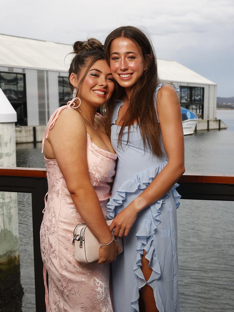 Sienna Woodford and Ella Atkins. Fahan School leavers dinner 2023 at Franklin Wharf. Picture: Nikki Davis-Jones