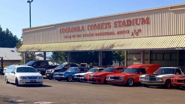 A contingent of classic and street cars led Brian Learoyd’s funeral cortege from Gympie Cemetery to the Junior Rugby League Grounds. Picture: Supplied