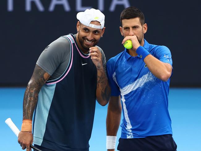 Tennis’ most unlikely doubles pairing have crashed out of the Brisbane International, with the Nick Kyrgios and Novak Djokovic team going down. Picture: Getty Images