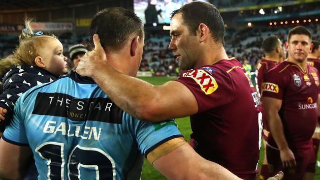 SYDNEY, AUSTRALIA - JULY 13: Cameron Smith of the Maroons and Paul Gallen of the Blues embrace after game three of the State Of Origin series between the New South Wales Blues and the Queensland Maroons at ANZ Stadium on July 13, 2016 in Sydney, Australia. (Photo by Cameron Spencer/Getty Images)