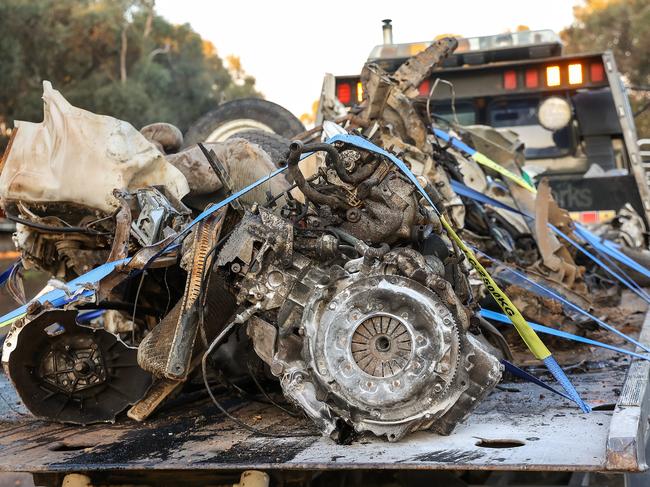 The car in which five people died is taken away from the scene on the corner of Labuan Rd and Murray Valley Highway, Strathmerton. Picture: Ian Currie