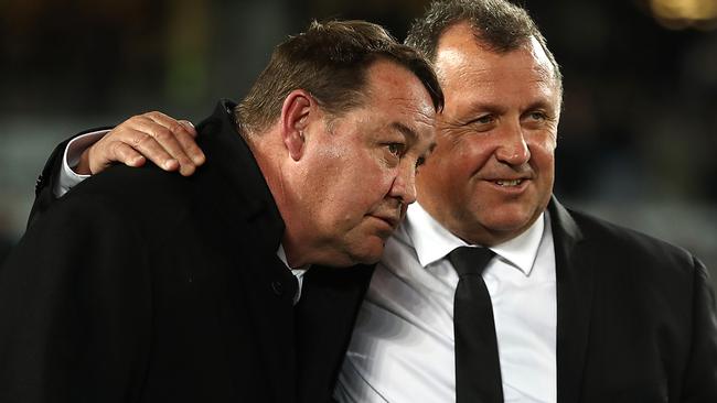 All Blacks coach Steve Hansen and assistant coach Ian Foster celebrate following The Rugby Championship and Bledisloe Cup Test