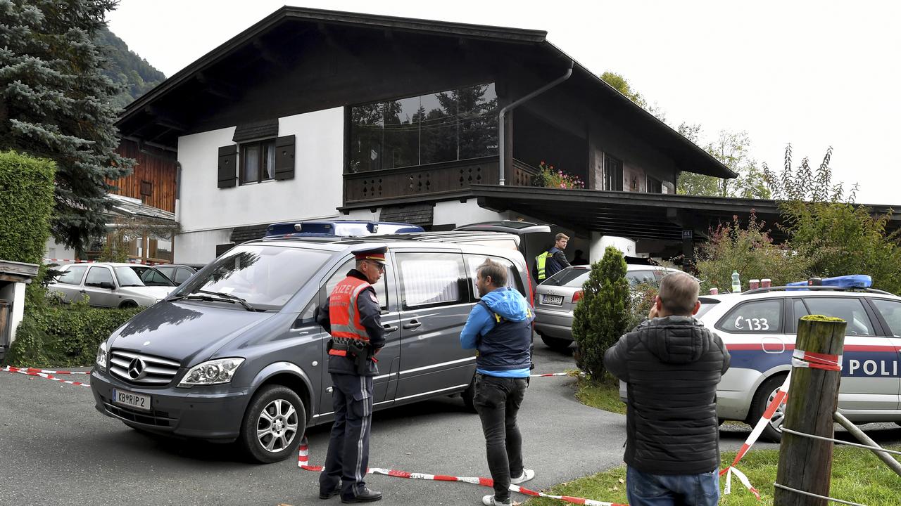 A hearse in front of a house where 25-year-old Andreas massacred five people over jealousy for his ex-girlfriend’s new love. Picture: Kerstin Joensson