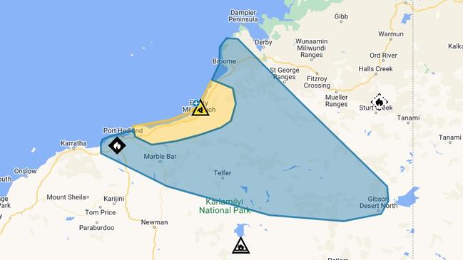 DFES issued the yellow alert at 3.51pm Wednesday covering an area from Bidyadanga to De Grey, while the blue alert area has been extended inland to Great Gibson Desert North.