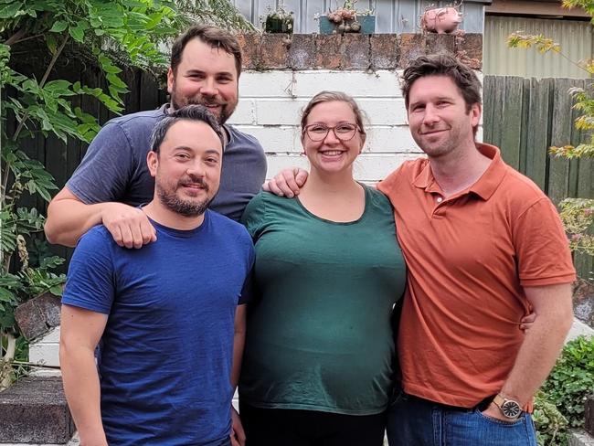 Daniel Barnett with husband Daniel Gray-Barnett and Mollie D'Arcy with husband Rob D'Arcy. Photo was taken earlier this year when D’Arcy was pregnant with baby Till. Picture: Supplied.