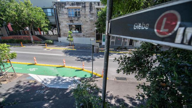 The pop up cycle lane in Bridge Road, Glebe. Part of the bicycle lane was found to be a blind spot. Picture: James Gourley