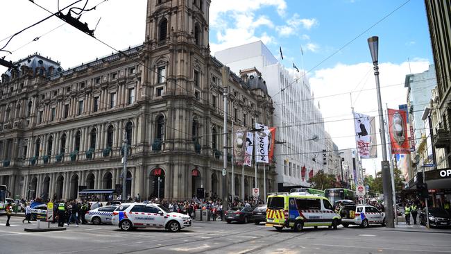 Emergency Services flood the Bourke St Mall. Picture: Tony Gough