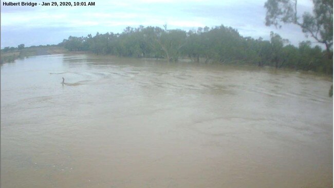 A Richmond Shire flood camera showing Hulbert Bridge in Richmond completely submerged.