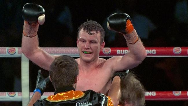 Jeff Horn celebrates his knockout win over Ali Funeka on Saturday night.