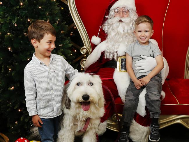 Santa Hermeyes 4, Phoenix Markus 4 and Bonny the sheepdog. Westfield is allowing kids to bring any pets along to their Santa photos. Westfield Eastgardens Santa posing with some animals. Picture Rohan Kelly.