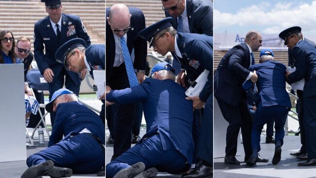 Joe Biden appeared to trip on a black sandbag that was positioned on the stage.