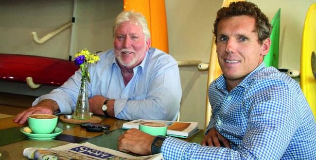 HARD AT WORK: Tony Rich and Nick Dowling, of Colliers Sunshine Coast, discuss the business merger over coffee at Glass in Cotton Tree. Picture: Erle Levey