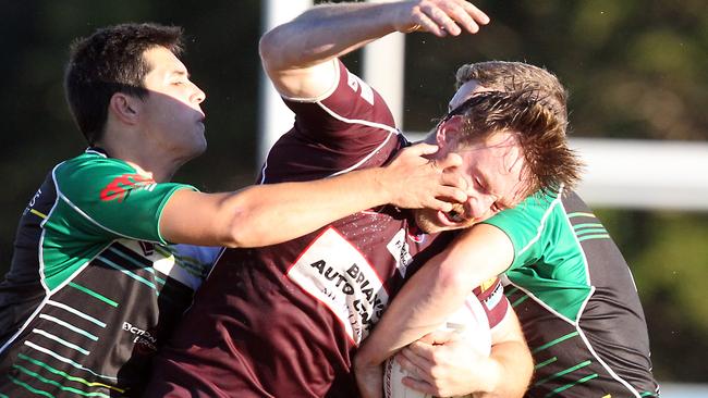Rugby League Gold Coast A-Grade Round 2 - Burleigh Bears vs. Helensvale Hornets at Pizzey Park. Jake Gleeson in a gouging tackle. 16 May 2021 Miami Picture by Richard Gosling