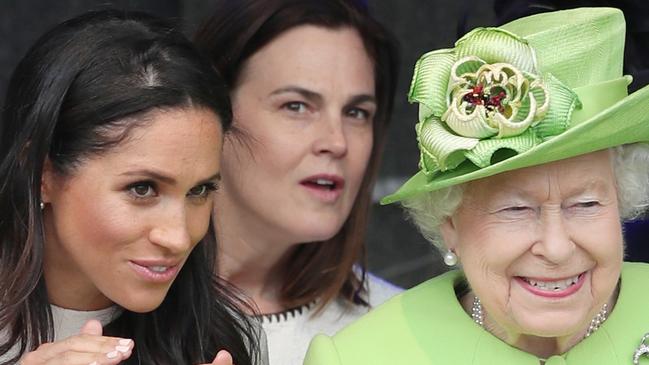 Queen Elizabeth II and the Duchess of Sussex at the opening of the new Mersey Gateway Bridge, in Widnes, Cheshire. In the background is Samantha Cohen, the Queen's former Assistant Private Secretary who is now working with the Duchess. (Photo by Danny Lawson/PA Images via Getty Images)