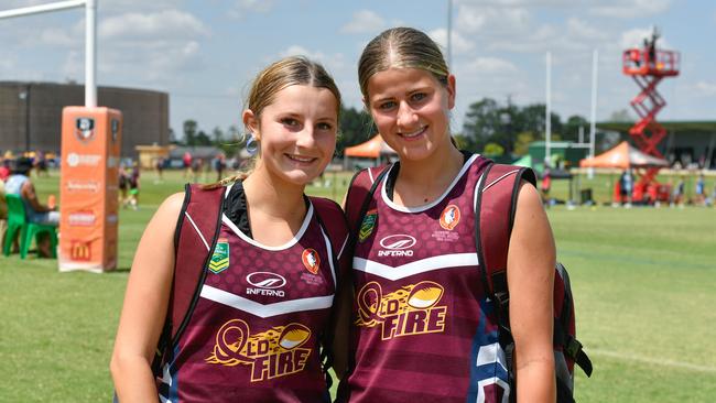 From Brisbane Milli Watson and Ella Denny at the 2023 National Combined Touch Championships in Darwin. Picture: Pema Tamang Pakhrin