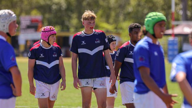 Connor Glen (middle). Buildcorp Emerging Reds Cup action from the day one match between Queensland Country Under-14s and Brisbane Junior Rugby Union Under-14s. Picture credit: QRU Media/ Erick Lucero.