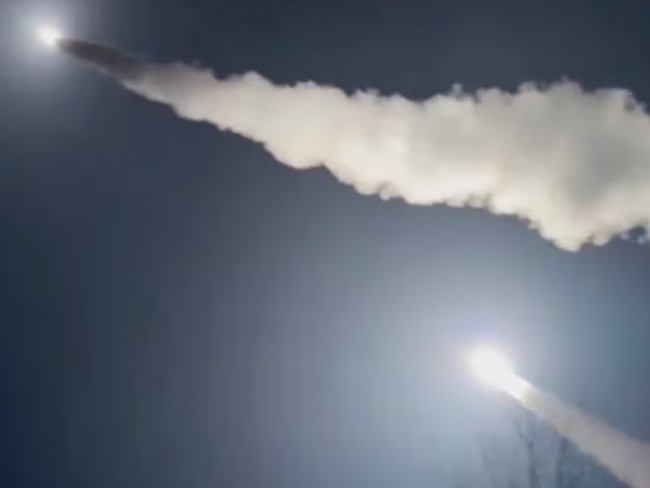 This image, made from a video posted Tuesday by a Telegram channel affiliated with the Ukrainian military, reportedly shows US-supplied ATACMS missiles being fired from an undisclosed location in Ukraine. Picture: Telegram