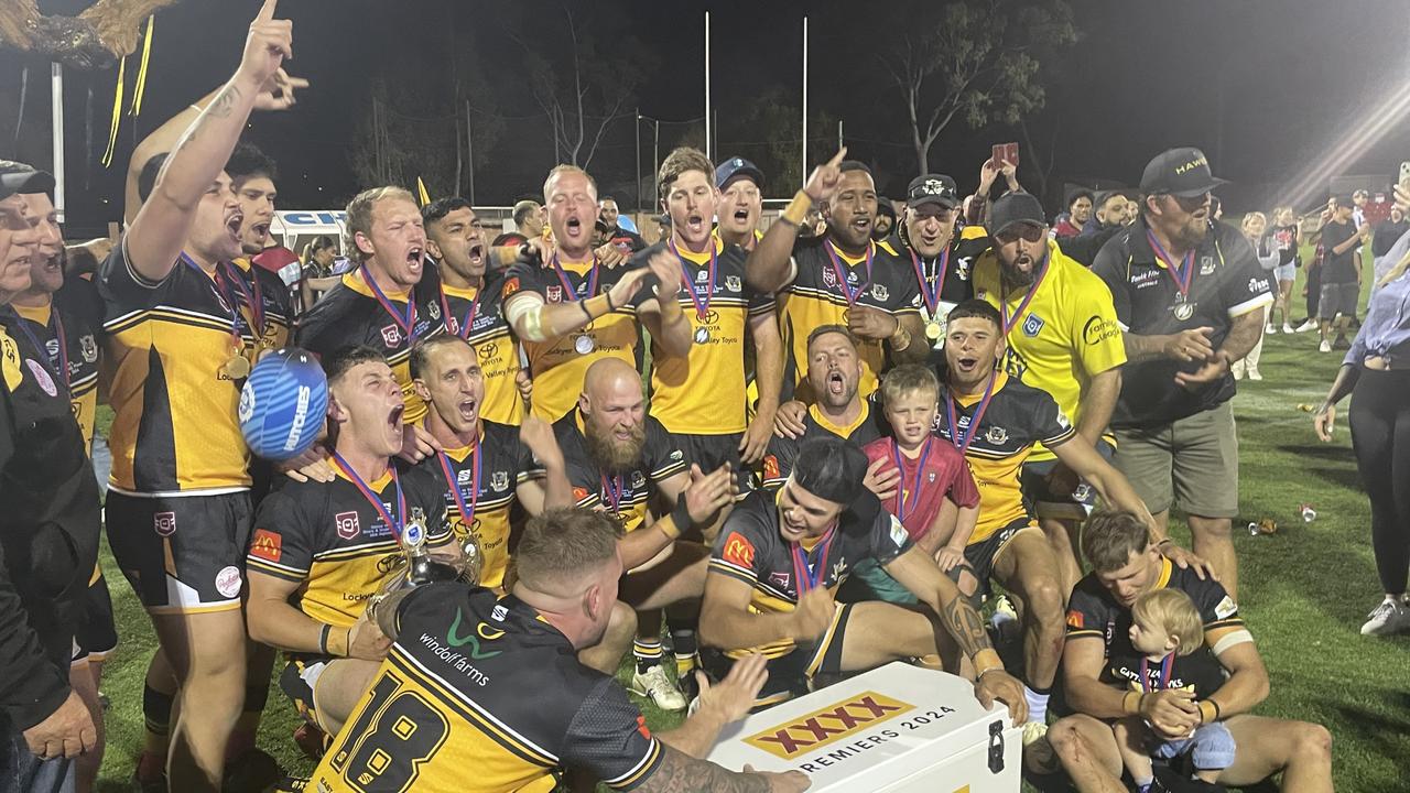 Gatton Hawks celebrate the 2024 Toowoomba Rugby League grand final win.