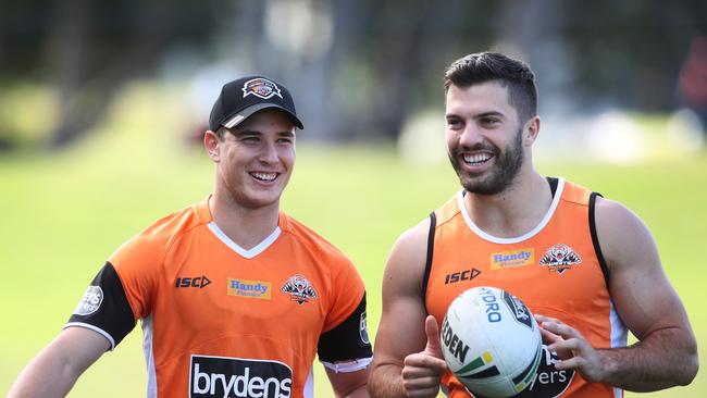 Moses and Tedesco have celebrated many milestones together and will be during Wests Tigers training at Concord oval. Picture. Phil Hillyard