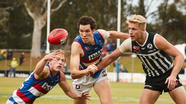 Untried Port ruckman Billy Frampton, right, in action against Central District in the SANFL earlier this year. Picture: AAP Image/MATT LOXTON)