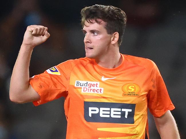 MELBOURNE, AUSTRALIA - JANUARY 22: Jhye Richardson of the Scorchers celebrates after dismissing Josh Philippe of the Sixers during the Men's Big Bash League match between the Perth Scorchers and the Sydney Sixers at Marvel Stadium, on January 22, 2022, in Melbourne, Australia. (Photo by Mike Owen/Getty Images)