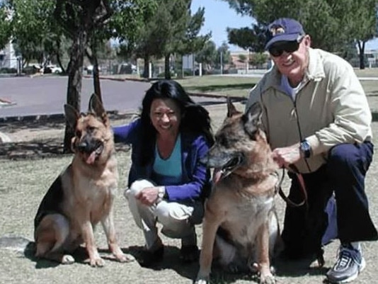 Gene Hackman and Betsy Arakawa with two of their dogs. Picture: Supplied