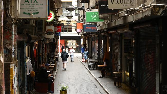 Shuttered cafes at Centre Place in Melbourne CBD on Sunday. Picture: Robert Cianflone/Getty Images