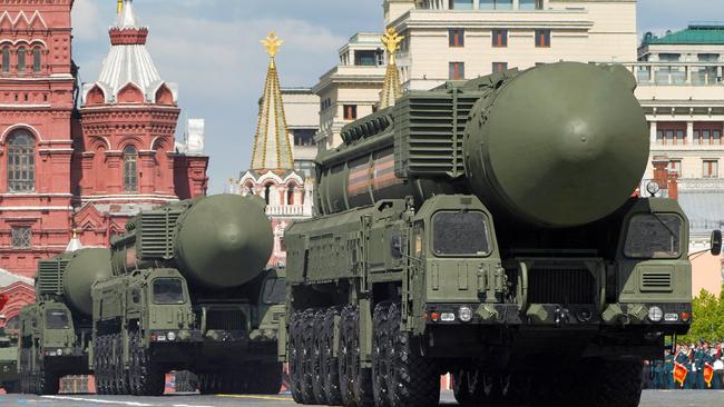 Intercontinental ballistic missiles roll through Red Square during the Victory Day military parade in Moscow. Picture; AFP.