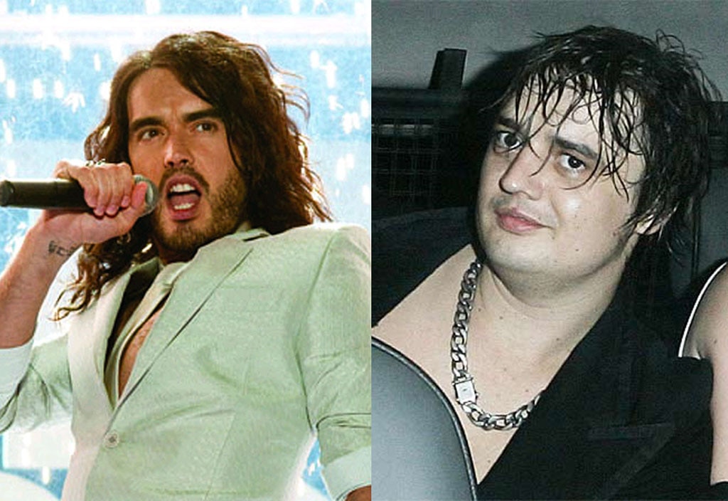 Newly married man Russell Brand (left) came fifth on the most desirable list, while Pete Doherty was fifth on the least desirable list. Picture: Images from AAP, Bang ShowBiz