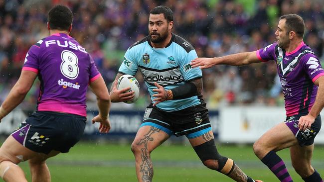 Andrew Fifita takes on the Storm defence. Picture: Getty Images