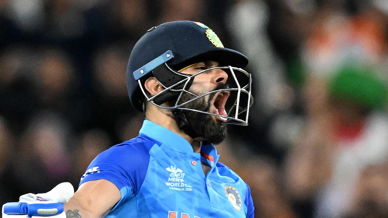 Virat Kohli celebrates India’s extraordinary victory with a guttural roar. Picture: AFP