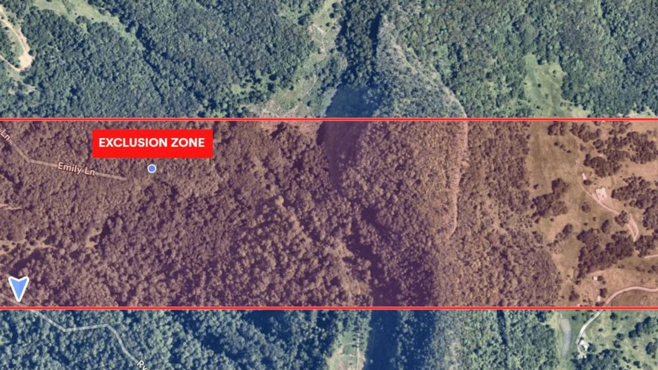 The public were urged to avoid an exclusion zone encompassing Tallebudgera Creek Road to the west, Emily Lane to the north, and Petsche Creek Road to the east and Ryans Road to the south. Picture: QPS