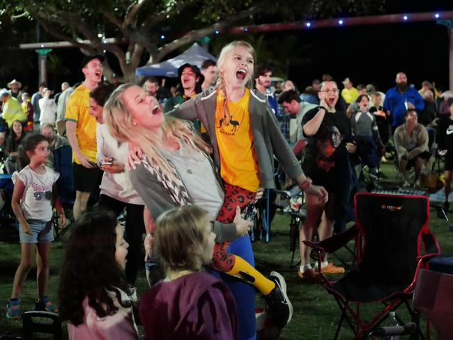 Fans celebrate after Australia defeated France in the quarter-finals of the FIFA Women's World Cup, at The Strand in Townsville on August 12, 2023. Picture: Blair Jackson