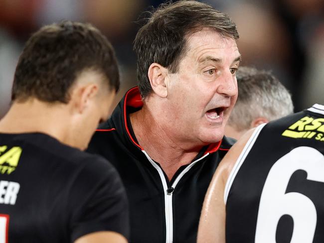 MELBOURNE, AUSTRALIA - APRIL 28: Ross Lyon, Senior Coach of the Saints addresses his players during the 2023 AFL Round 07 match between the St Kilda Saints and the Port Adelaide Power at Marvel Stadium on April 28, 2023 in Melbourne, Australia. (Photo by Michael Wilson/AFL Photos via Getty Images)