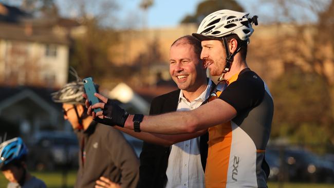 New Deputy Prime Minister Josh Frydenberg meets cyclists in the park. Picture: Alex Coppel