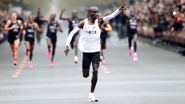 Kenya’s Eliud Kipchoge wore a prototype of Nike’s Air Zoom Alphafly Next% sneakers in October 2019 to run a marathon in less than two hours. Picture: Reuters