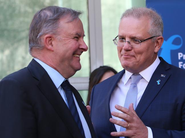 Opposition Leader Anthony Albanese and Prime Minister Scott Morrison at the Big Aussie BBQ event at Parliament to raise awareness about prostate cancer. This year more than 20,000 Australian men will be diagnosed with prostate cancer, while every year more than 3,500 Australian men will die from prostate cancer. Picture Kym Smith