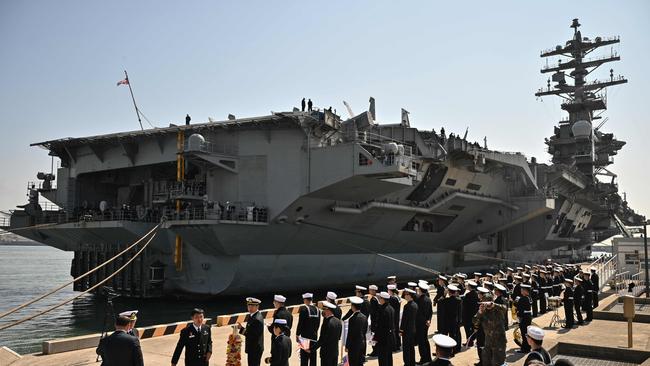 USS Nimitz docked in Busan on Tuesday. Picture: AFP