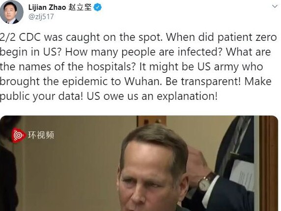 Foreign Ministry spokesman Zhao Lijian pushed a conspiracy theory that the United States might have used its military to bring the virus to China. Picture: Twitter