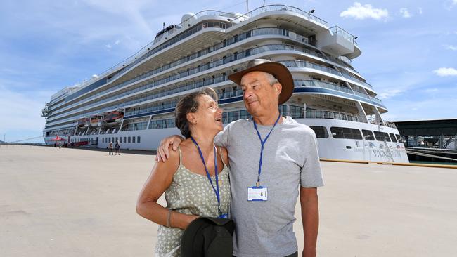 Sue and John Rogers, from West Sussex, UK, have docked in Townsville on the Viking Orion, the first major cruise ship to dock in Townsville since January 2020. Picture: Shae Beplate.